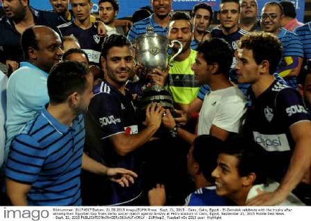 Sept. 21, 2015 - Cairo, Cairo, Egypt - El-Zamalek celebrate with the trophy after winning their Egyptian Cup finals derby soccer match against Al-Ahly at Petro stadium in Cairo, Egypt, September 21, 2015 Middle East News - Sept. 21, 2015 - ZUMAap3_