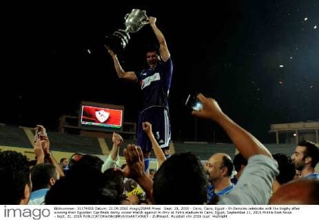 Sept. 21, 2015 - Cairo, Cairo, Egypt - El-Zamalek celebrate with the trophy after winning their Egyptian Cup finals derby soccer match against Al-Ahly at Petro stadium in Cairo, Egypt, September 21, 2015 Middle East News - Sept. 21, 2015 - ZUMAap3_