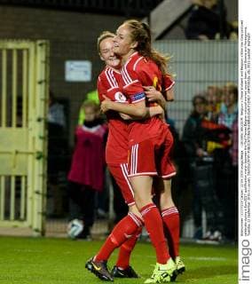 - LEUVEN, BELGIUM: Belgium s Tessa Wullaert and Belgium s Elke Van Gorp pictured celebrate during a Euro2017 qualification match between the Red Flames Belgian national women soccer team, and Bosnia and Herzegovina, Tuesday 22 September 2015 in Leuven. DAVIDxCATRY  x04705818x