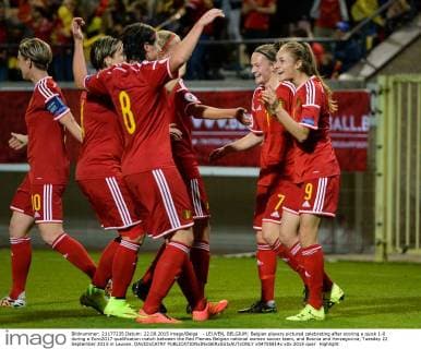 - LEUVEN, BELGIUM: Belgian players pictured celebrating after scoring a quick 1-0 during a Euro2017 qualification match between the Red Flames Belgian national women soccer team, and Bosnia and Herzegovina, Tuesday 22 September 2015 in Leuven. DAVIDxCATRY  x04705814x