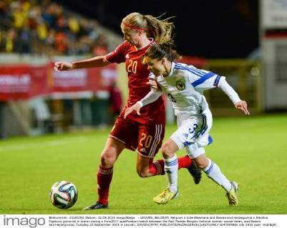 - LEUVEN, BELGIUM: Belgium s Julie Biesmans and Bosnia and Herzegovina s Nikolina Dijakovic pictured in action during a Euro2017 qualification match between the Red Flames Belgian national women soccer team, and Bosnia and Herzegovina, Tuesday 22 September 2015 in Leuven. DAVIDxCATRY  x04705988x