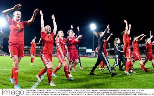 - LEUVEN, BELGIUM: Belgium s Justine Vanhaevermaet and Belgium s Jana Coryn and team-mates celebrate with supporters after the 6-0 victory at a Euro2017 qualification match between the Red Flames Belgian national women soccer team, and Bosnia and Herzegovina, Tuesday 22 September 2015 in Leuven. DAVIDxCATRY  x04705970x