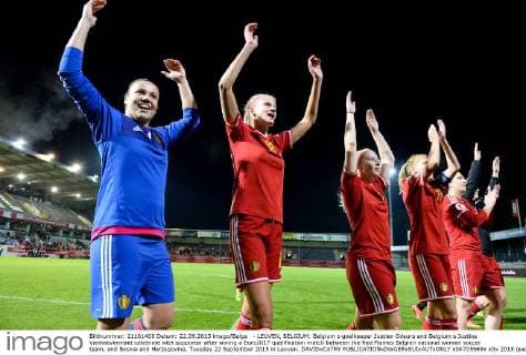 - LEUVEN, BELGIUM: Belgium s goalkeeper Justien Odeurs and Belgium s Justine Vanhaevermaet celebrate with supporter after wining a Euro2017 qualification match between the Red Flames Belgian national women soccer team, and Bosnia and Herzegovina, Tuesday 22 September 2015 in Leuven. DAVIDxCATRY  x04705969x
