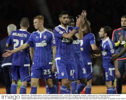 23.09.2015. Manchester, England. Capital One Cup. Manchester United ManU versus Ipswich. Ipswich s Kevin Bru and his team mates applaud the Ipswich Town travelling support at the end of the game. xAlanxMartinx  ActionPlus11663546