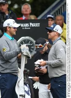 GOLF - Porsche European Open 2015 BAD GRIESBACH,GERMANY,24.SEP.15 - GOLF - European Tour, Porsche European Open, Golf Resort Bad Griesbach. Image shows Bernd Wiesberger (AUT) and Hunter Mahan (USA). GEPAxpictures xAndreasxPranter
