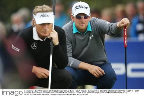 GOLF - Porsche European Open 2015 BAD GRIESBACH,GERMANY,24.SEP.15 - GOLF - European Tour, Porsche European Open, Golf Resort Bad Griesbach. Image shows Bernhard Langer (GER) and Bernd Wiesberger (AUT). GEPAxpictures xAndreasxPranter