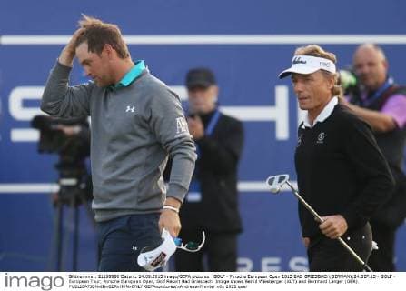 GOLF - Porsche European Open 2015 BAD GRIESBACH,GERMANY,24.SEP.15 - GOLF - European Tour, Porsche European Open, Golf Resort Bad Griesbach. Image shows Bernd Wiesberger (AUT) and Bernhard Langer (GER). GEPAxpictures xAndreasxPranter