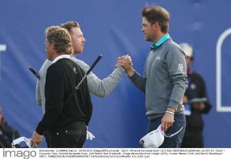 GOLF - Porsche European Open 2015 BAD GRIESBACH,GERMANY,24.SEP.15 - GOLF - European Tour, Porsche European Open, Golf Resort Bad Griesbach. Image shows Bernhard Langer (GER), Hunter Mahan (USA) and Bernd Wiesberger (AUT). GEPAxpictures xAndreasxPranter