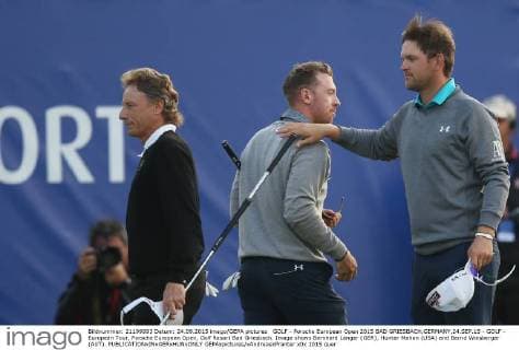 GOLF - Porsche European Open 2015 BAD GRIESBACH,GERMANY,24.SEP.15 - GOLF - European Tour, Porsche European Open, Golf Resort Bad Griesbach. Image shows Bernhard Langer (GER), Hunter Mahan (USA) and Bernd Wiesberger (AUT). GEPAxpictures xAndreasxPranter