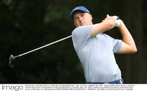 Sept. 24, 2015 - Atlanta, GA, USA - Jordan Spieth hits his drive on the third hole during the Tour Championship at East Lake Golf Club on Thusday, Sept. 24, 2015, in Atlanta, Ga. Watson was able to scramble to save his par on the hole. Tour Championship - ZUMAm67_
