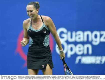 (150925) -- GUANGZHOU, Sept. 25, 2015 -- Jelena Jankovic of Serbia reacts during the women s singles semi-final match against Yanina Wickmayer of Belgium at the 2015 WTA Tennis Damen Guangzhou International Women s Open in Guangzhou, capital of south China s Guangdong Province, on Sept. 25, 2015. Jelena Jankovic won 2-1 to enter the final. ) (SP)CHINA-GUANGZHOU-WTA-GUANGZHOU OPEN (CN) LiangxXu 
