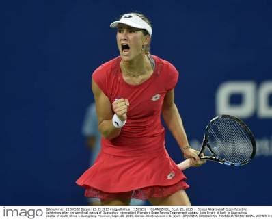 (150925) -- GUANGZHOU, Sept. 25, 2015 -- Denisa Allertova of Czech Republic celebrates after her semifinal match of Guangzhou Internationl Women s Open Tennis Tournament against Sara Errani of Italy in Guangzhou, capital of south China s Guangdong Province, Sept. 25, 2015. Denisa Allertova won 2-0. )(wll) (SP)CHINA-GUANGZHOU-TENNIS-INTERNATIONAL WOMEN S OPEN-SEMIFINAL LiangxXu 