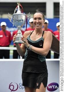 (150926) -- GUANGZHOU, Sept. 26, 2015 -- Jelena Jankovic of Serbia reacts during the awarding ceremony for women s singles at the 2015 WTA Tennis Damen Guangzhou International Women s Open in Guangzhou, capital of south China s Guangdong Province, on Sept. 26, 2015. Jelena Jankovic beated Denisa Allertova of the Czech Republic 2-1 in the final to claim the title of the event. ) (SP)CHINA-GUANGZHOU-WTA-GUANGZHOU OPEN (CN) LiangxXu 