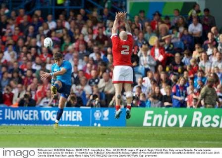 26.09.2015. Leeds, England. Rugby World Cup. Italy versus Canada. Canada hooker Ray Barkwill jumps for the ball. xTimxWilliamsx  ActionPlus11664666