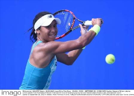 WUHAN, CHINA - SEPTEMBER 26: (CHINA OUT) Heather Watson of Britain returns a shot against Yulia Putintseva of Russia in the second round of Qualifying during the 2015 Wuhan Open at Optics Vally International Tennis Center on September 26, 2015 in Wuhan, Hubei Province of China.  CFP473461318 