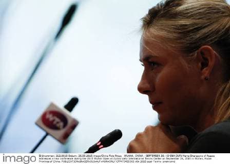 WUHAN, CHINA - SEPTEMBER 26: (CHINA OUT) Maria Sharapova of Russia addresses a new conference during the 2015 Wuhan Open at Optics Vally International Tennis Center on September 26, 2015 in Wuhan, Hubei Province of China.  CFP473455363 