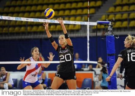 Eurovolley 2015 Germany vs Serbia Eindhoven The Netherlands 26th September 2015 Eurovolley 2015 Germany vs Serbia Serbia win the game three sets to zero. Mareen Apitz on the ball. 