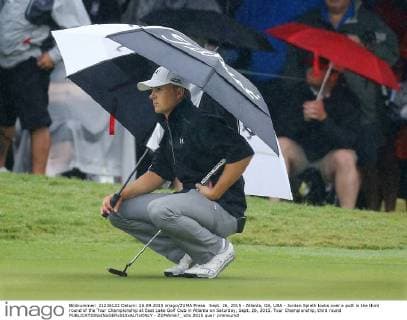 Sept. 26, 2015 - Atlanta, GA, USA - Jordan Spieth looks over a putt in the third round of the Tour Championship at East Lake Golf Club in Atlanta on Saturday, Sept. 26, 2015. Tour Championship, third round - ZUMAm67_