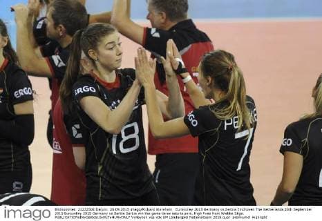 Eurovolley 2015 Germany vs Serbia Eindhoven The Netherlands 26th September 2015 Eurovolley 2015 Germany vs Serbia Serbia win the game three sets to zero. High fives from Wiebke Silge. 