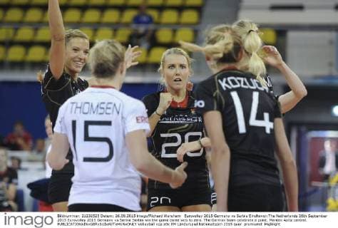 Eurovolley 2015 Germany vs Serbia Eindhoven The Netherlands 26th September 2015 Eurovolley 2015 Germany vs Serbia Serbia win the game three sets to zero. The German team celebrate a point. Mareen Apitz central. 