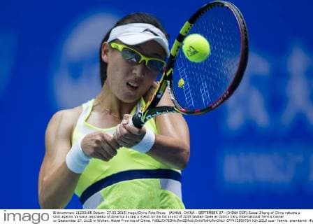 WUHAN, CHINA - SEPTEMBER 27: (CHINA OUT) Saisai Zheng of China returns a shot against Varvara Lepchenko of America during a match in the fist round of 2015 Wuhan Open at Optics Vally International Tennis Center on September 27, 2015 in Wuhan, Hubei Province of China.  CFP473508754 