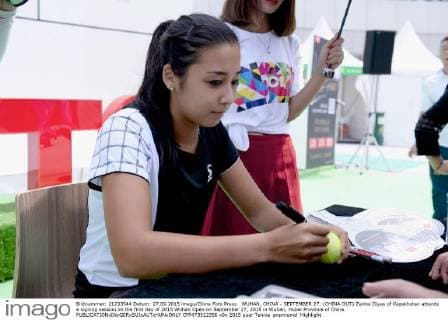WUHAN, CHINA - SEPTEMBER 27: (CHINA OUT) Zarina Diyas of Kazakhstan attends a signing session on the first day of 2015 Wuhan Open on September 27, 2015 in Wuhan, Hubei Province of China.  CFP473512356 