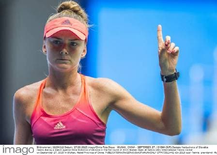 WUHAN, CHINA - SEPTEMBER 27: (CHINA OUT) Daniela Hantuchova of Slovakia reacts during a match against Elina Svitolina of Ukraine in the fist round of 2015 Wuhan Open at Optics Vally International Tennis Center on September 27, 2015 in Wuhan, Hubei Province of China.  CFP473512442 