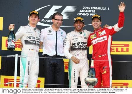 Japanese Grand Prix, Suzuka 24 - 27 September 2015 27.09.2015 - Race, 1st position Lewis Hamilton (GBR) Mercedes AMG F1 W06, 2nd position Nico Rosberg (GER) Mercedes AMG F1 W06 and 3rd position Sebastian Vettel (GER) Scuderia Ferrari SF15-T 