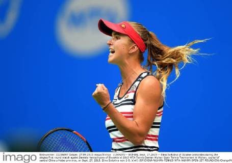 (150927) -- WUHAN, Sept. 27,2015 -- Elina Svitolina of Ukraine celebrates during the singles first round match againt Daniela Hantuchuova of Slovakia at 2015 WTA Tennis Damen Wuhan Open Tennis Tournament in Wuhan, capital of central China s Hubei province, on Sept. 27, 2015. Elina Svitolina won 2-0. )(wll) (SP)CHINA-WUHAN-TENNIS-WTA-WUHAN OPEN-1ST ROUND(CN) ChengxMin 