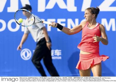 WUHAN, CHINA - SEPTEMBER 27: (CHINA OUT) Sara Errani (R) and Francesca Schiavone of Italy in action during a match against Abigail Spears and Raquel Kops-Jones of America in the first round of 2015 Wuhan Open at Optics Vally International Tennis Center on September 27, 2015 in Wuhan, Hubei Province of China.  CFP473517181 