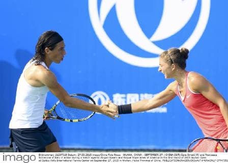 WUHAN, CHINA - SEPTEMBER 27: (CHINA OUT) Sara Errani (R) and Francesca Schiavone of Italy in action during a match against Abigail Spears and Raquel Kops-Jones of America in the first round of 2015 Wuhan Open at Optics Vally International Tennis Center on September 27, 2015 in Wuhan, Hubei Province of China.  CFP473517182 