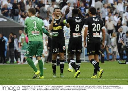 celebrating Butelle (Angers) Saiss (Angers) - Traoure (Angers) - Diers (Angers) FOOTBALL : Marseille vs Angers - Ligue1 - 27 09 2015 FranckPennant Panoramic 