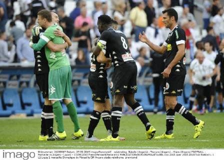 celebrating Butelle (Angers) - Traoure (Angers) - Diers (Angers) FOOTBALL : Marseille vs Angers - Ligue1 - 27 09 2015 FranckPennant Panoramic 