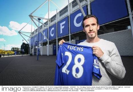 SOCCER - PL, Christian Fuchs, photo shoot LEICESTER,ENGLAND,27.SEP.15 - SOCCER - Premier League, Leicester City FC, photo shooting with Christian Fuchs. Image shows Christian Fuchs (Leicester) in front of the stadium. GEPAxpictures xCh.xKelemen