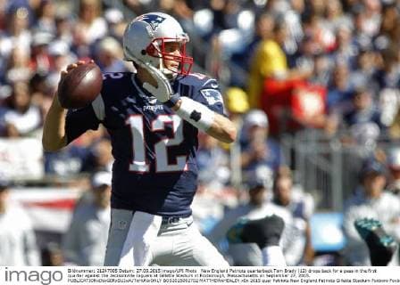 New England Patriots quarterback Tom Brady (12) drops back for a pass in the first quarter against the Jacksonville Jaguars at Gillette Stadium in Foxborough, Massachusetts on September 27, 2015.  BOS2015092702 MATTHEWxHEALEY