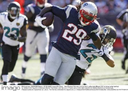 New England Patriots running back LeGarrette Blount (29) is horse collar tackled by Jacksonville Jaguars cornerback Peyton Thompson (25) during a 17-yard carry in the third quarter at Gillette Stadium in Foxborough, Massachusetts on September 27, 2015. The Patriots defeated the Jaguars 51-17.  BOS2015092716 MATTHEWxHEALEY