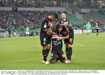 Joie de Jean Michael Seri - Hatem Ben Arfa - Wallyson Teixeira (nice) FOOTBALL : AS Saint Etienne vs OGC Nice - Ligue 1 2015 2016 - 27 09 2015 FredericChambert Panoramic 