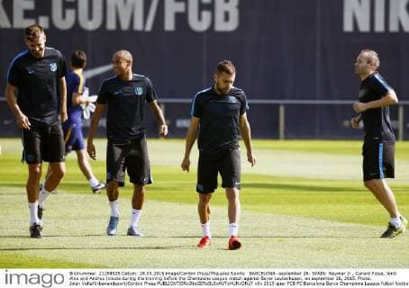 BARCELONA -september 28- SPAIN: Neymar Jr., Gerard Pique, Jordi Alba and Andres Iniesta during the training before the Champions League match against Bayer Levberkusen, on september 28, 2015. Photo: Joian Valls Urbanandsport Cordon Press 