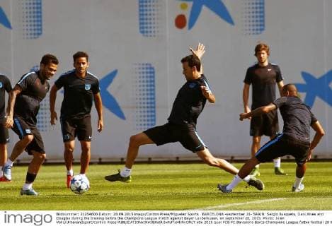 BARCELONA -september 28- SPAIN: Sergio Busquets, Dani Alves and Douglas during the training before the Champions League match against Bayer Levberkusen, on september 28, 2015. Photo: Joian Valls Urbanandsport Cordon Press 