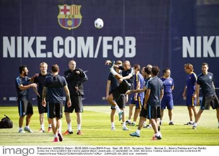Sept. 28, 2015 - Barcelona, Spain - Neymar Jr., Jeremy Mathieu and Ivan Rakitic during the training before the matcha against Bayer Leverkusen, on september 28, 2015. Barcelona Training Session and press conference PK Pressekonferenz  - ZUMAn230