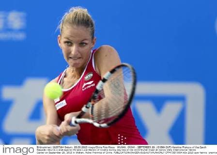 WUHAN, CHINA - SEPTEMBER 28: (CHINA OUT) Karolina Pliskova of the Czech Republic returns a shot against Mirjana Lucic-Baroni of Croatia during day two of the 2015 Wuhan Open at Optics Vally International Tennis Center on September 28, 2015 in Wuhan, Hubei Province of China.  CFP473573954 