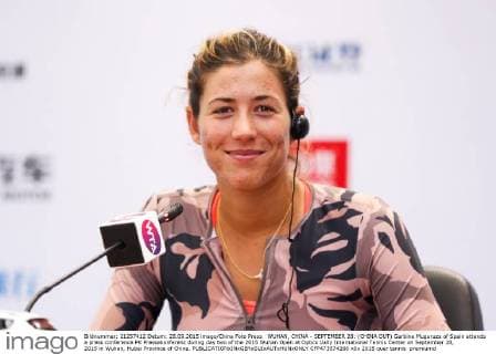 WUHAN, CHINA - SEPTEMBER 28: (CHINA OUT) Garbine Muguruza of Spain attends a press conference PK Pressekonferenz during day two of the 2015 Wuhan Open at Optics Vally International Tennis Center on September 28, 2015 in Wuhan, Hubei Province of China.  CFP473574266 