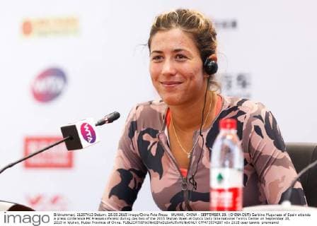 WUHAN, CHINA - SEPTEMBER 28: (CHINA OUT) Garbine Muguruza of Spain attends a press conference PK Pressekonferenz during day two of the 2015 Wuhan Open at Optics Vally International Tennis Center on September 28, 2015 in Wuhan, Hubei Province of China.  CFP473574267 