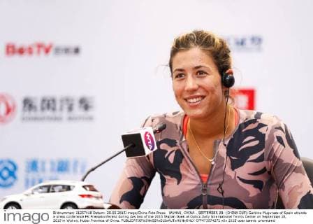 WUHAN, CHINA - SEPTEMBER 28: (CHINA OUT) Garbine Muguruza of Spain attends a press conference PK Pressekonferenz during day two of the 2015 Wuhan Open at Optics Vally International Tennis Center on September 28, 2015 in Wuhan, Hubei Province of China.  CFP473574272 