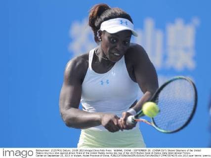 WUHAN, CHINA - SEPTEMBER 28: (CHINA OUT) Sloane Stephens of the United States returns a shot against Alison Riske of the United States during day two of the 2015 Wuhan Open at Optics Vally International Tennis Center on September 28, 2015 in Wuhan, Hubei Province of China.  CFP473574276 