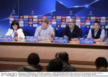 - SAINT PETERSBURG, RUSSIA: Gent s head coach Hein Vanhaezebrouck (CL) and Gent s Danijel Milicevic (R) pictured during a press conference PK Pressekonferenz of KAA Gent, in Saint Petersburg Petrovskiy stadium, Russia, Monday 28 September 2015. Belgian first league soccer team KAA Gent will play tomorrow the second game in the group stage of the Uefa Champions League competition against Zenit. YORICKxJANSENS  x04710163x