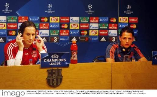 Chicharito Javier Hernandez and Roger Schmidt (Bayer Leverkusen) attend press conference before the Champions League match. xFRANCESCxADELANTADOx 
