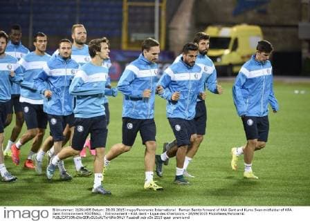 Raman Benito forward of KAA Gent and Kums Sven midfielder of KAA Gent Entrainement FOOTBALL : Entrainement - KAA Gent - Ligue des Champions - 28 09 2015 PhotoNews Panoramic 