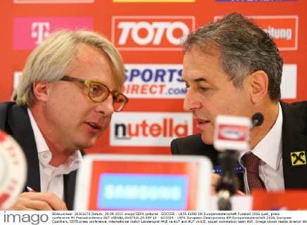 SOCCER - UEFA EURO EM Europameisterschaft Fussball 2016 quali, press conference PK Pressekonferenz AUT VIENNA,AUSTRIA,29.SEP.15 - SOCCER - UEFA European Championship EM Europameisterschaft 2016, European Qualifiers, OEFB press conference, international match Länderspiel MNE vs AUT and AUT vs LIE, squad nomination team AUT. Image shows media director Wolfgang Gramann (OEFB) and head coach Marcel Koller (AUT). GEPAxpictures xChristianxOrt