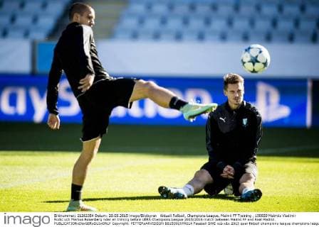 Aktuell Fußball, Champions League, Malmö FF Training , 150929 Malmös Vladimir Rodic och Markus Rosenberg nder en träning before UEFA Champions League 2015 2016 match between Malmö FF and Real Madrid.  Copyright: PETTERxARVIDSON BB150929PA014